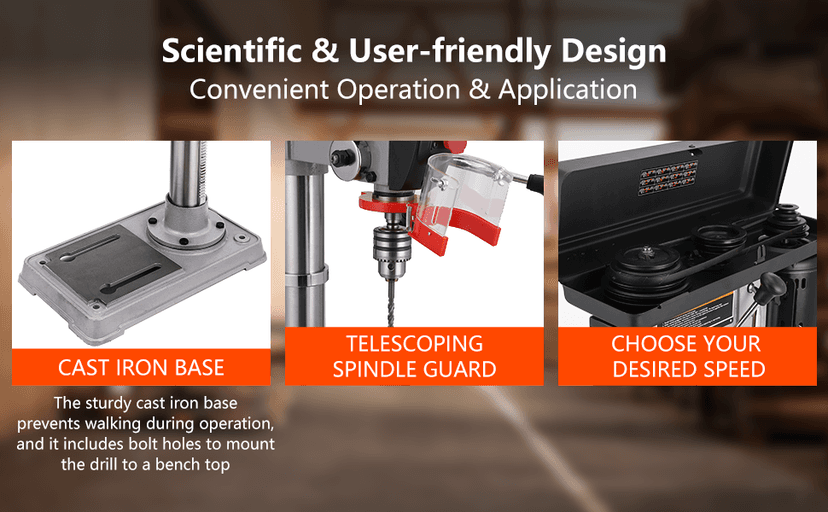 13 in Floor Drill Press, 7.5 Amp 120V, 288-3084 RPM Variable Speed Cast Iron Bench Drill Press, 0-45°Tilting Worktable, Tabletop Drilling Machine for Wood Metal