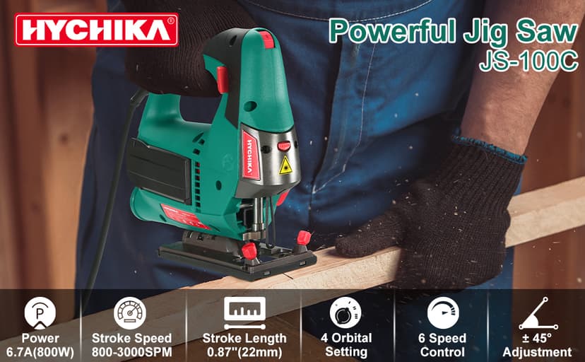 HYCHIKA Jig saw, 6.7A Jig Saw 800-3000SPM with 6 Variable Speeds, 4 Orbital Sets, Bevel Angle 45°, 6PCS Blades, Pure Copper Motor, Laser Guide, Wood Metal Plastic Cutting
