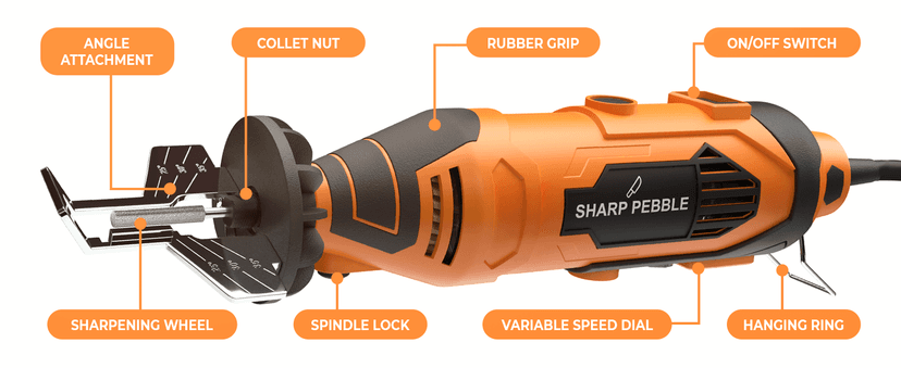 Sharp Pebble Electric Chainsaw Sharpener Kit - Comes with Chain Saw Sharpener Tool, 4 File Size Sharpening Wheel Bits, Angle Attachment, Wrench & eBook