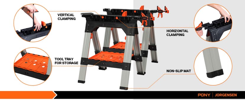 PONY 2-Pack Clamping Sawhorses, 1200 LBS Load Capacity, 30-3/4" Folding Sawhorse with 12” F Clamps, Bench Dogs, Angle Clamps, 2" Spring Clamps, Steel Legs, Heavy Duty for Woodworking