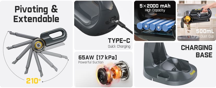 Fanttik Fold V10 Ultra Deluxe Handheld Vacuum Cordless, 17kPa Suction Power, Charging Base, Pivot Nozzle, Up to 35 Mins Runtime, Smart LED Display, Cordless Dustbuster Vacuum for Home, Car