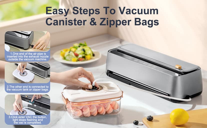 85Kpa Vacuum Sealer Machine for Food, 8-IN-1 Fully Automatic Food Sealer with Built-in Cutter & Bag Storage, Dry/Moist/EXT-VAC Modes, LED Touch Control, Includes 12 Vacuum Bags & 1 Roll Bag