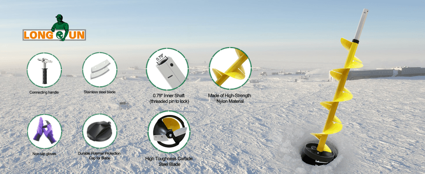 Nylon 8 Inch Ice Auger, 35.95 Inch Extended for Drilling Deep Ice Fishing Holes, Durable Polymer Auger Drill Bit for Ice Post Hole Digger w/Sharp Blade & Cover, Ice Auger Adapter with Handle-Yellow