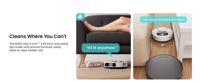 Lefant M320 Robot Vacuum with Mop Combo, 6500Pa Powerful Suction, 210 Mins Runtime, Slim, 800ml Visible Dustbin, Carpet Detection, Alexa Voice Control, Ideal for Hard Floor and Pet Hair, White