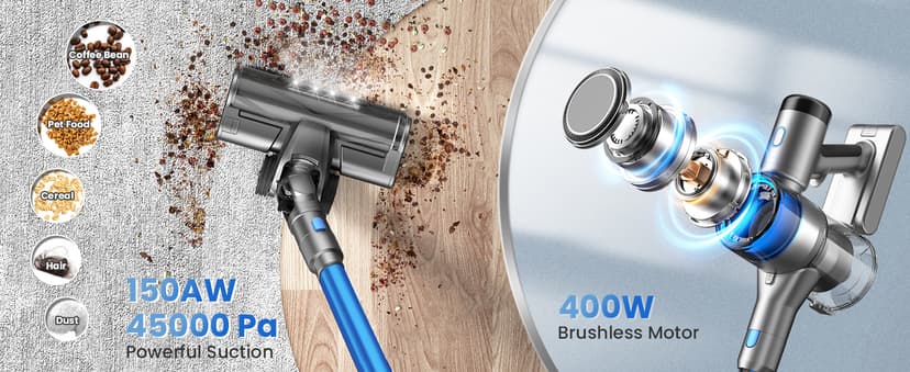 Dzaki Vacuum Cleaners for Home, 400W 45KPa 55 Mins Runtime Cordless Vacuum Cleaner, Smart Induction Auto-Adjustment Stick Vacuum, Rechargeable Battery Vacuum Cordless for Carpet Floor Pet Hair (Gray)