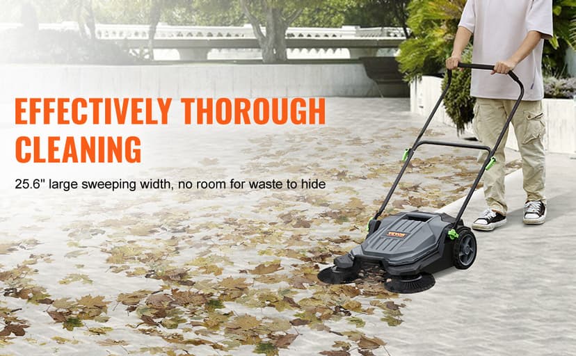 VEVOR Walk-Behind Hand Push Floor Sweeper, 25.6" Sweeping Width Floor Sweeper Manual Non-Electric, 5-Gallon Waste Container, Angle & Height Adjustable Folding Handle for Walkway, Yard, Garage, Patio