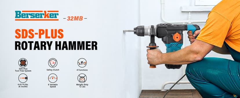 Berserker 1-1/4" SDS-Plus Rotary Hammer Drill with Vibration Control,Safety Clutch,12.5 Amp 4 Functions Corded Rotomartillo for Concrete-Including 3 Drill Bits,Flat Chisel,Point Chisel,Carrying Case