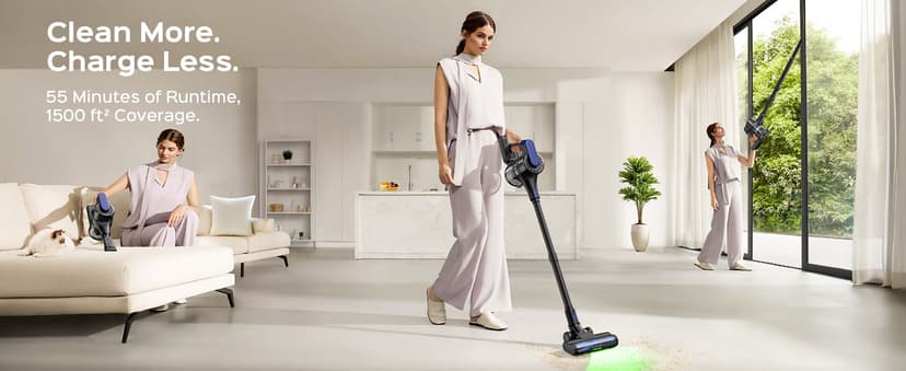 Cordless Stick Vacuum Cleaner, 55Min Cordless Vacuum Cleaners for Home, Powerful Suction Rechargeable Vacuum with Green LED Headlight, Lightweight Stick Vac for Carpet, Hardwood Floors & Pet Hair
