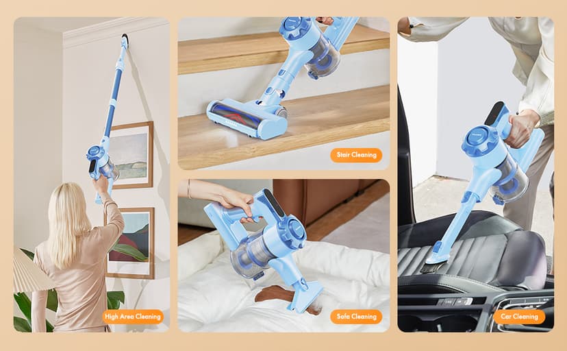 Cordless Vacuum Cleaner, 8-in-1 Lightweight Stick Vacuum with 45mins Runtime, Powerful Suction, Rechargeable Cordless Vacuum for Carpet, Tile, Pet Hair, Hardwood Floors, Blue
