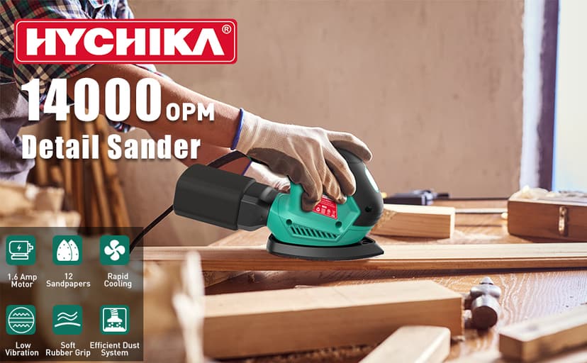 HYCHIKA Detail Sander, 14,000 OPM Compact Electric Sander Tool with 12 Pcs Sandpapers,Efficiency Dust Collection System,Suitable for Tight Spaces Sanding,Polishing,Removing Paint in Home Decoration