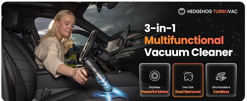 Hedgehog TurboVAC 3 in 1 Portable Car Vacuum Cleaner, Blower & Air Pump - Hand Held Vacuum Cleaner for Car with USB C Rechargeable, 14000PA Powerful Suction, Lightweight Dust Buster for Home & Outdoor