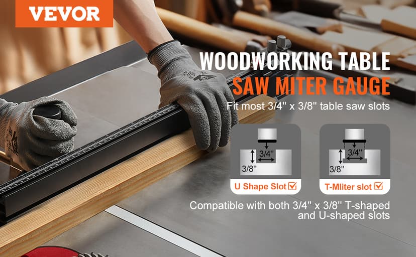 VEVOR Precision Miter Gauge, Standard Slot 3/4'' x 3/8'', Aluminum Alloy Table Saw Miter Gauge with 24 in Grating 15 Angle Stops Adjustable Spring Loaded Plunger and Removable Disc, for Woodworking