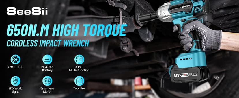 Seesii Cordless Impact Wrench 1/2 inch, High Torque 479 Ft-lbs(650Nm) Brushless Impact Gun,2500RPM w/2x4.0 Battery, 6 Sockets,8 Drill Bits, High Torque Power Impact Driver for Car Home,WH700