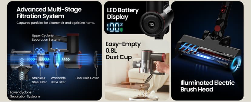 Cordless Vacuum Cleaner with Bendable Wand, Lightweight Stick Vacuum Cleaners for Home, Hard Floor & Carpet, Pet Hair,Under Furniture, 6-in-1 Handheld Vacuum, Self-Standing, Wall Mount Storage