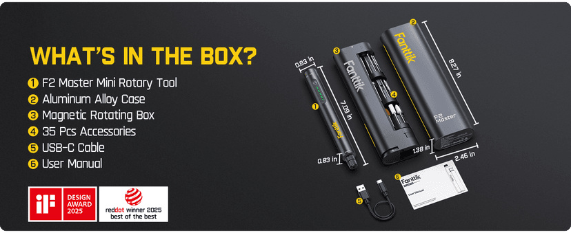 Fanttik F2 Master Mini Cordless Rotary Tool Kit, NeoPulse Motor, 5 Variable Speed, 25000 RPM, Revostor Hub, 35 Accessories, for 3D Printer Sanding, Polishing, Drilling, Carving, DIY Crafts