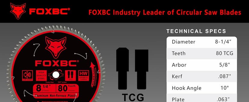 FOXBC 8-1/4 Inch Metal Cutting Table Saw Blade 80-Tooth TCG for Aluminum, Copper, Plastic, Brass, Fiberglass with 5/8-Inch Arbor