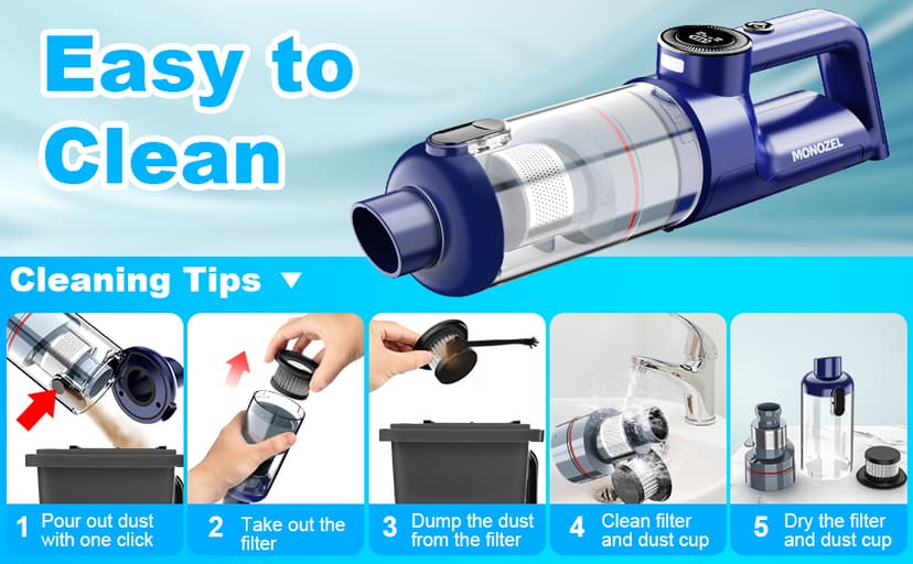 Handheld Vacuum Cordless - Car Vacuum Cleaner with Brushless Motor, 15000Pa Strong Suction with LED Light, Type C Cable, 2 Fliters, Portable Hand Vacuum for Car, Home, and Office