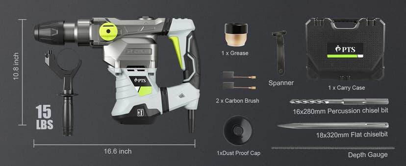 PTS 1-9/16 Inch SDS-Max Rotary Hammer, 13.5 Amp Heavy Duty 3 Functions Corded Concrete Demolition Hammer, w/Vibration Control & Safety Clutch, Includes Drill Bits, Chisels, Carrying Case (Green)