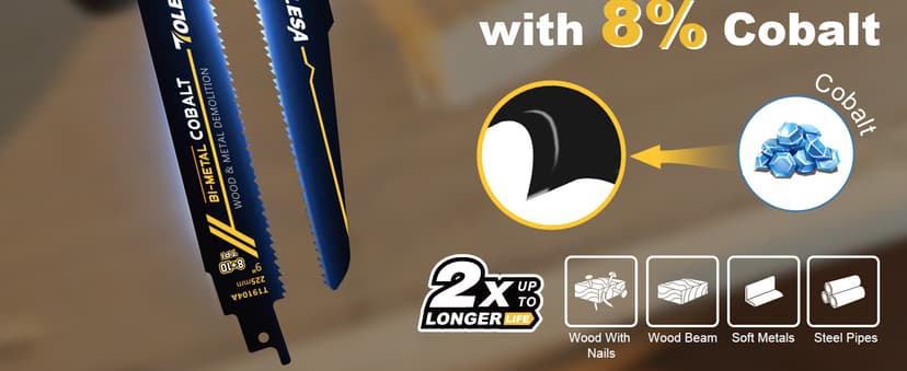 TOLESA Heavy Metal Cutting Reciprocating Saw Blades 9 Inch 14TPI for Pipe, Rebar, Bi-Metal Sabre Saw Blades 5 Pack