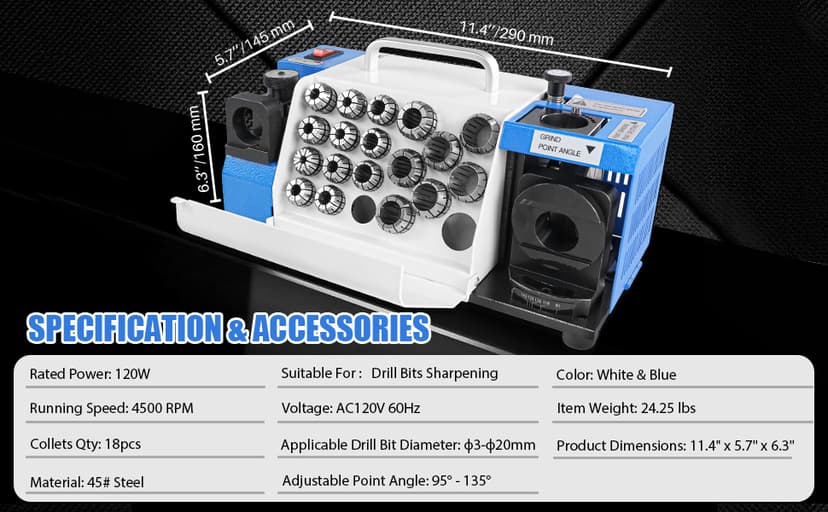 Drill Bits Sharpener, 3-20mm Drill Bit Grinding Machine, Lip Relief Angle & 95°-135° Point Angle Adjustable Drill Bit Re-Sharpener, Portable Bits Sharpening Machine with 18 Collets, CBN & SDC Wheel