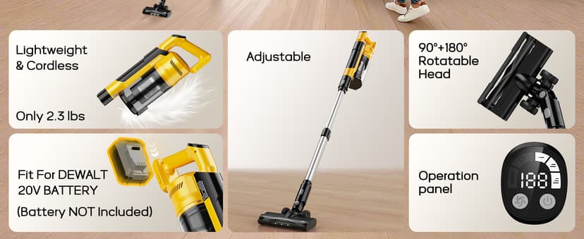 350W Cordless Vacuum Cleaner for Dewalt 20v Battery, 35kPa Brushless Lightweight Stick Vacuum with 3 Mode Suction, 6 in 1 Stick Vacuum Cleaner with HEPA for Floor, Carpet, Car (Battery Not Included)