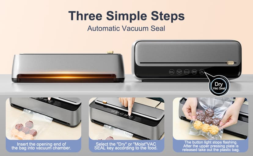 85Kpa Vacuum Sealer Machine for Food, 8-IN-1 Fully Automatic Food Sealer with Built-in Cutter & Bag Storage, Dry/Moist/EXT-VAC Modes, LED Touch Control, Includes 12 Vacuum Bags & 1 Roll Bag