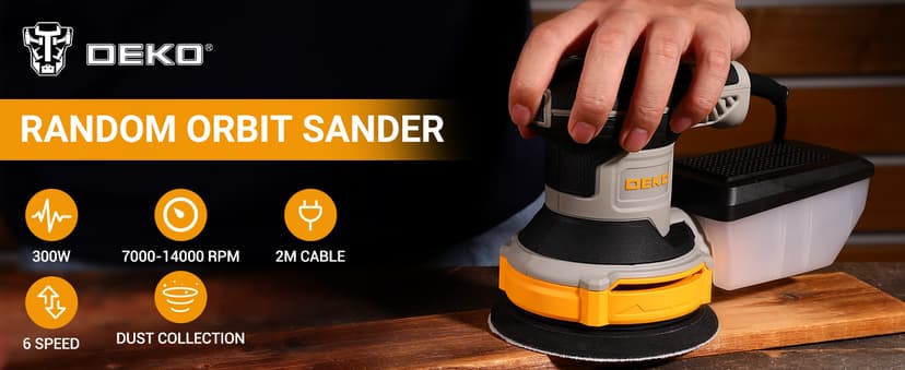 Orbital Sander Corded Hand Sander: DEKOPRO 5" Random Orbital Sander with Dust Box, 6 Various Speeds Electric Palm Sander with Dust Box, 16Pcs Sandpapers for Woodworking & Sanding-Yellow
