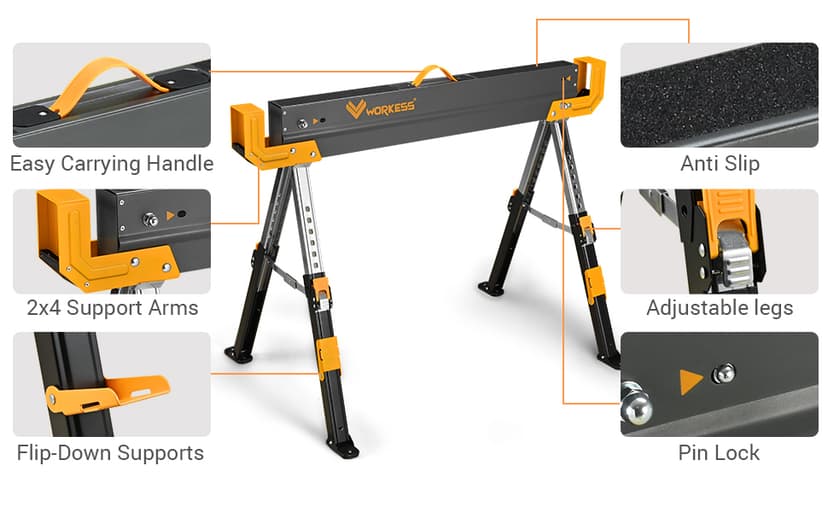Saw Horses 2 Pack Folding, 2600 Lbs Load Capacity & 24-32 Inch Adjustable Height Heavy Duty Sawhorse Table with 2x4 Support Arms, Portable Folding Legs and Easy Grip Handle for Woodworking