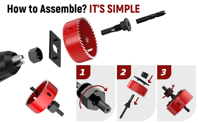 12-Piece Hole Saw Kit, Includes 8 Sizes (3/4" to 2-1/2"), Arbors, Drill Bits, and Hex Key, Ideal for Softwood, Plywood, and PVC(RED)