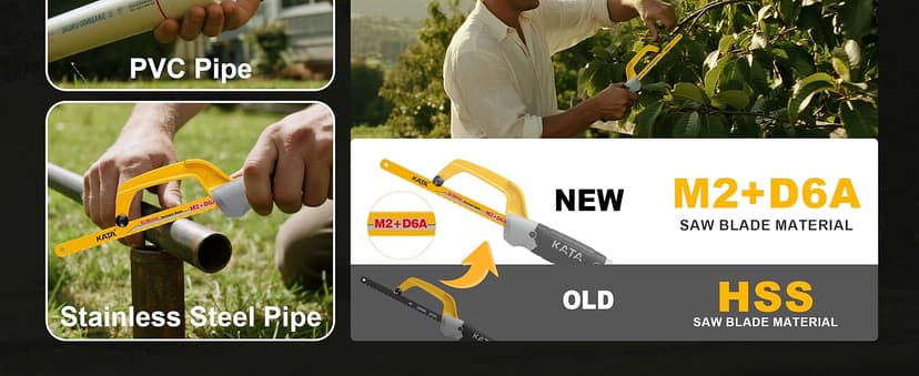 KATA Hacksaw, Compact Hand Operating Hack Saw with 10 Inch Aluminum Frame and 2 Piece Extra Flexible Bi-Metal HSS Blades, Suitable for Wood and Metal (Mini Hacksaw)