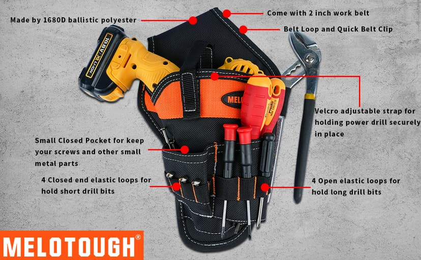 MELOTOUGH Left/Right Handed Belt Cordless Drill Holster for Tool Belt Drill Pouch Impact Driver Holster for Drill bits