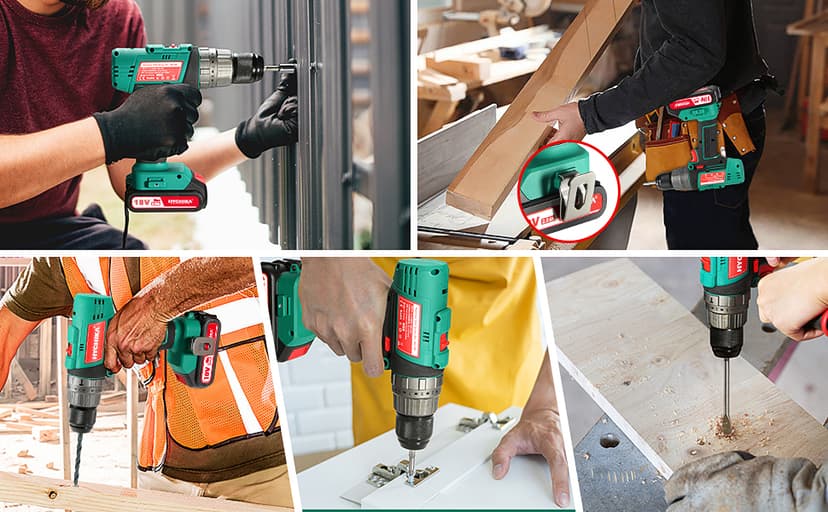 Cordless Hammer Drill Driver 18V, HYCHIKA 400 In-lbs Torque Power Drill with Auxiliary Handle, 1/2” Metal Chuck, 2.0Ah Battery, 1H Fast Charger, 21+3 Clutch, LED Light for Drilling Wood Metal Wall
