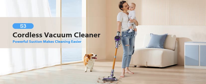 S3 Cordless Vacuum Cleaner, 45kPa Powerful Suction Vacuum Cleaners for Home, 55-Min Runtime Rechargeable Stick Vacuum, Self-Standing, for Pet Hair Carpet Hard Floor, LED Display