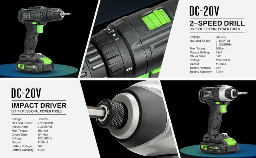 GALAX PRO Cordless Drill Driver/Impact Driver with 1pcs 1.3Ah Lithium-Ion Batteries, Charger Kit, 11pcs Accessories and Tool Bag