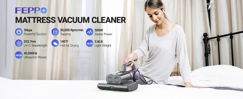 FEPPO Mattress Vacuum Cleaner, 16Kpa Bed Vacuum Cleaner with 253.7nm UV-C Light, 140°F Heat, HEPA Filter & Ultrasonic, Versatile Handheld Vacuums for Bed, Sofa, Couch, Crib(Corded, 500W)