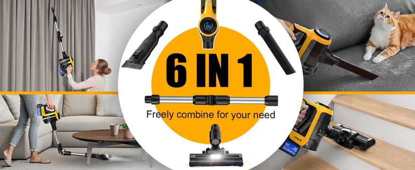Cordless Stick Vacuum Cleaner Compatible with DeWalt Battery, 350W Brushless Motor, 30KPa Suction, 6-in-1 180° Bendable Wand, Smart Screen 2x5AH Batteries & Charger – Hardwood Floors