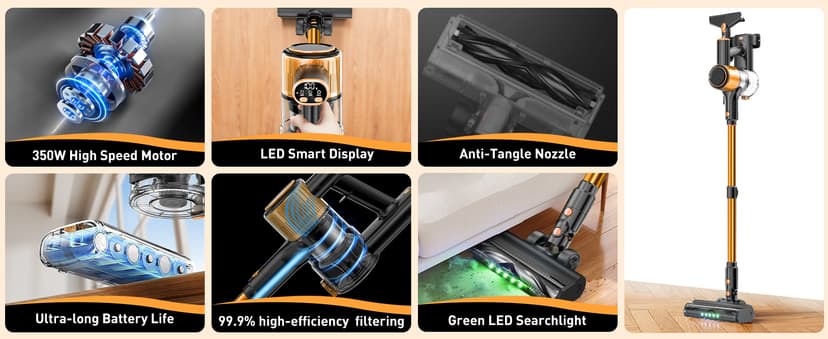 Cordless Vacuum Cleaner, 40Kpa 8 in 1 Powerful Suction Lightweight Stick Vacuum Cleaner for Home, LED Display, 3 Suction Modes, 45Mins Detachable Battery Vacuum for Hard Floor Carpet Pet Hairs