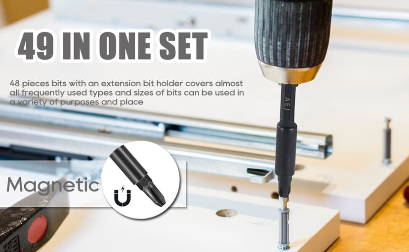 AEJ 49-Pack Screwdriver Bit Set, Hex Head Drill Bit Set, Torx Square Slotted Phillips Bit Set with 1/4" Bit Holder, 1/4 Hex Shank, S2 Steel, 1"Long