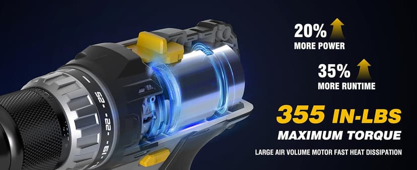 RIDA Cordless Drill Power Drill Cordless 20V 1/2'' Keyless Metal Chuck 355 In-lb(40N.m) Torque with 2.0AH Li-ion Battery & Fast Charger, Variable Speed, 25+1 Position and 22pcs Bits