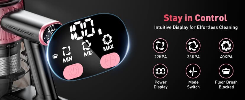 Cordless Vacuum Cleaner, 10-in-1 Vacuum Cleaners for Home with 28.75 in Hose, LED Display, Anti-Tangle Brush, Lightweight Stick Vacuums for Carpet, Pet Hair, Hardwood Floors, Dryer (Pink)