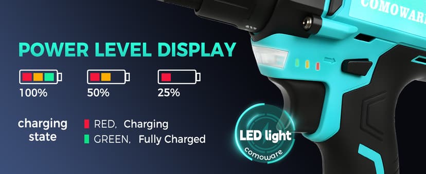 COMOWARE 20V Cordless Drill, Electric Power Drill Set with 1 Battery & Charger, 3/8” Keyless Chuck, 2 Variable Speed, 266 In-lb Torque, 25+1 Position and 34pcs Drill/Driver Bits