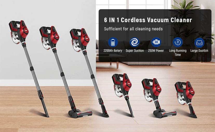 Cordless Vacuum Cleaner, 30Kpa Home Stick Vacuum, Smart Display & 1.5L Dust Cup, 55mins Max Runtime, Rechargeable Lightweight Handheld Vavuum for Pet Hair/Carpet/Hardwood Floor/Car (Red)