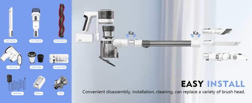 Cordless Vacuum Cleaner, 80,000 RPM Motor and Power Filtration, Stick Vacuum with 2200 mAh Battery, 35 Mins Worktime, 2 Modes, Rotated Multi-Heads, Height-Adjustable Vacuum for Home (Gray Nickel)