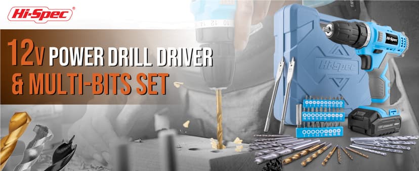 Hi-Spec Cordless Drill Set 50pc 12V Electric Power Driver in a Toolbox Case. Includes Rechargeable Battery, Power Screwdriver Bits, Wood, Metal, and Masonry Drill Bit Set Accessories