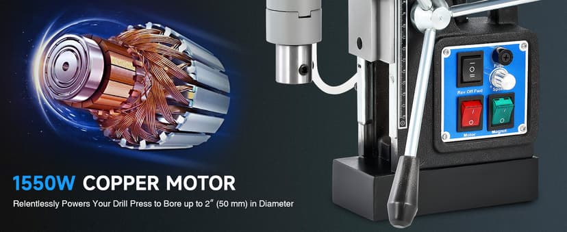 ZELCAN Mag Drill Press with 6 Drill Bits, 1550W Portable Magnetic Press with 2" Boring Diameter, 0-580 rpm Stepless Speed & Reversible Direction, 2922 lbf Power Magnetic
