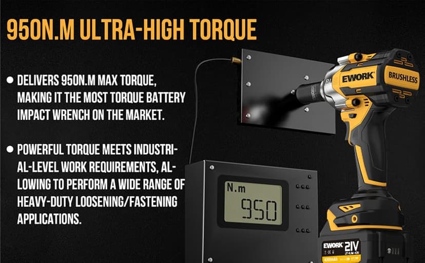 EWORK Cordless Impact Wrench 1/2 inch 21V Brushless High Torque Impact Gun Max 700 Ft-lbs Power Impact Wrenches with 4.0Ah Li-ion Battery, Fast Charger, 5 Sockets, Tool Bag (RB-810)