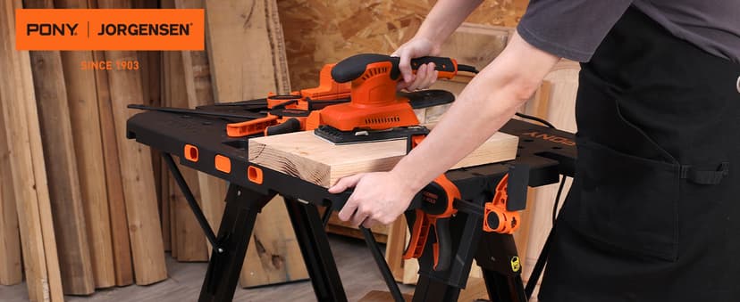 Pony Portable Folding Work Table, 2-in-1 as Sawhorse & Workbench, 31” W×25” D×25”-35”H, Large Load Capacity with 4pcs Clamps, 4pcs Bench Dogs