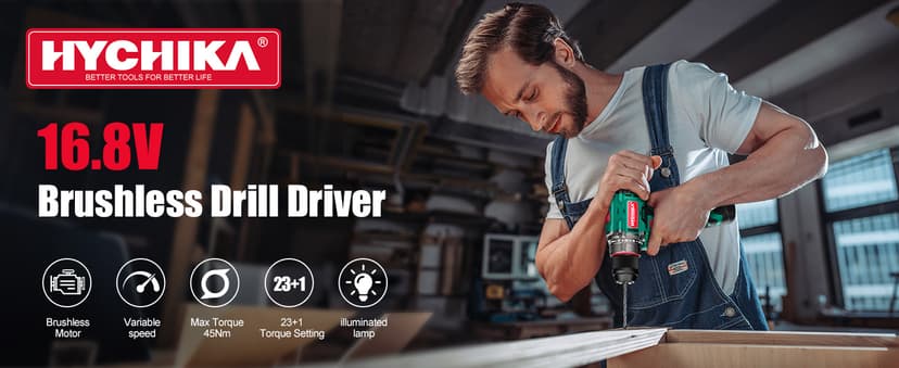 HYCHIKA Drill Set, True Brushless Power Drill Driver 16.8V Cordless Compact Drill Woman Man,410 IN-LB, LED Light,2 Variable Speed 23+1 Torque 3/8" Keyless Chuck, 1 Lithium-Ion Battery