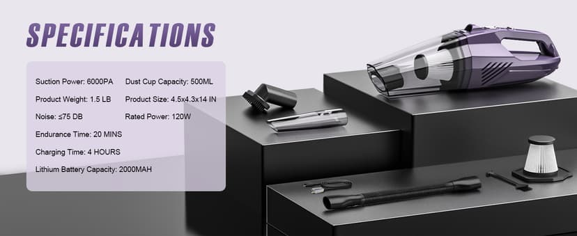 Handheld Vacuum Cordless - Car Vacuum Portable & Small Vacuum Cleaner with 6KPa Suction, USB Vacuum Cordless Rechargeable, HEPA Filter, LED Light for Pet Hair, Home, Car, Office - Includes Accessories