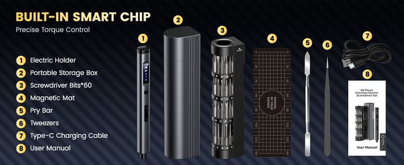 Electric Screwdriver Set, UF-TOOLS Rechargeable Cordless Screwdriver Kit, Precision Repair Tool Kit with Bits, LED Lights, Charging Cable, Carrying Case, for Watches, Phones, Glasses